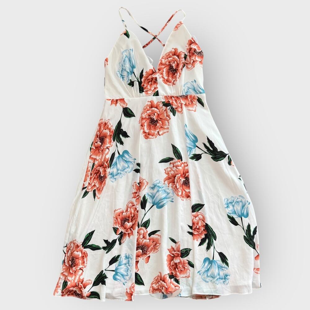 Lulus Floral Midi Dress Medium White Plunge Neck Crisscross Back Romantic Summer